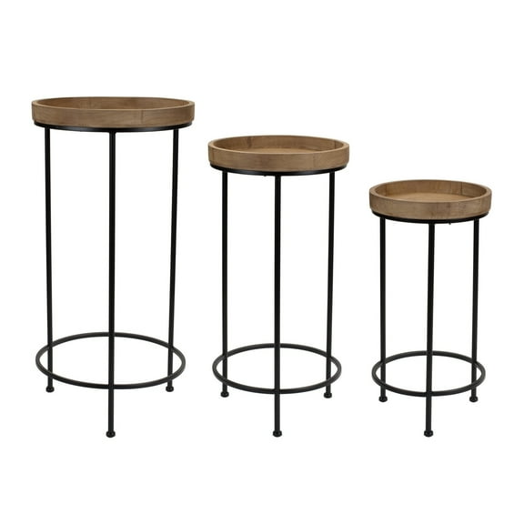 Round Plant Stand Table Set - Wood Metal Indoor Display Tiered Shelves (2 Pack)