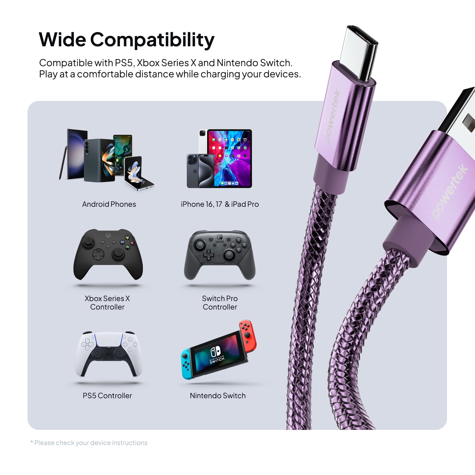 Powertek Luxe 6ft USB-A to USB-C Cable, Purple, Fast Charge & Sync, Metallic Mesh PVC Jacket, Durable Tangle-Free Design