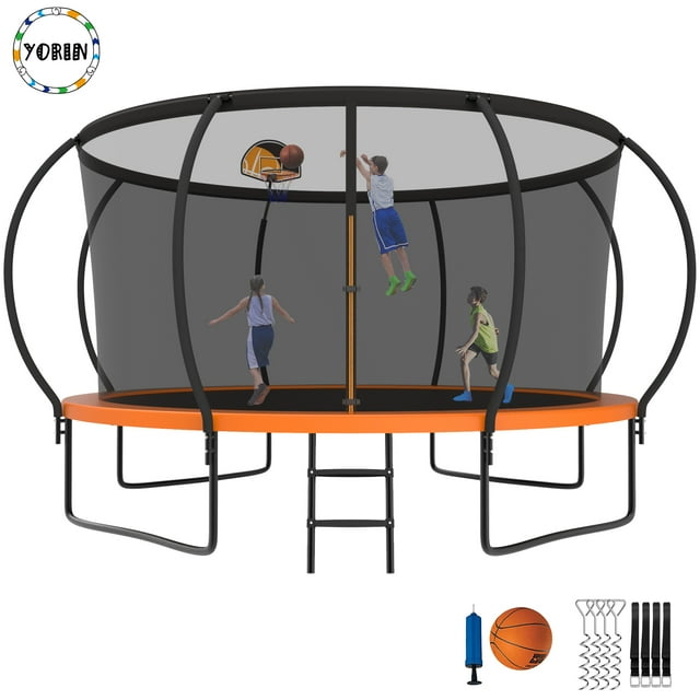 YORIN Trampoline pour Enfants de 5 à 6 Ans, Trampoline de 12 Pi pour Adultes avec Filet de Protection, Panier de Basketball, Échelle, Capacité de Poids de 1200 Lb, Trampoline Récréatif Extérieur, Trampoline Robuste