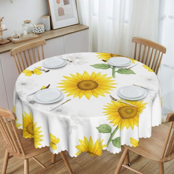 Bright Yellow Sunflower Field Round Tablecloth Waterproof Oil Proof Spill Proof Table Cloth 70" for Camping, Dining, Indoor and Outdoor Table Cover