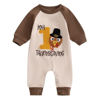 My First Thanksgiving Baby Outfit - Turkey Embroidered Jumpsuit Romper For Newborns & Infants (0-18 Months, Beige) 2 thumbnail image