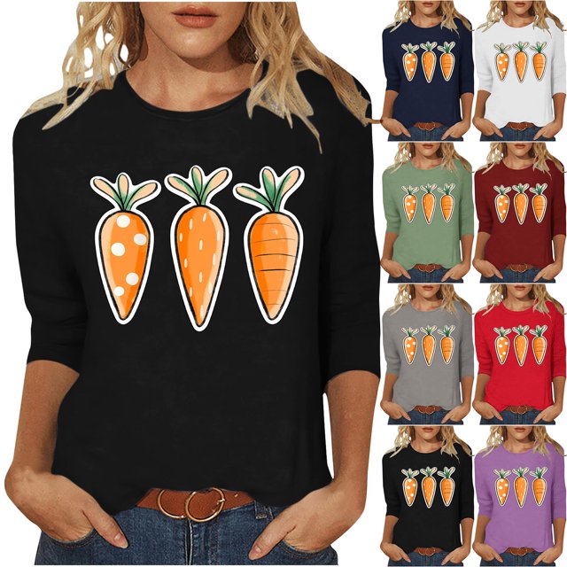 Hauts de Printemps pour Femmes 2025 Printemps/été Imprimé de Pâques Manches 3/4 Col Rond Blouse Décontractée