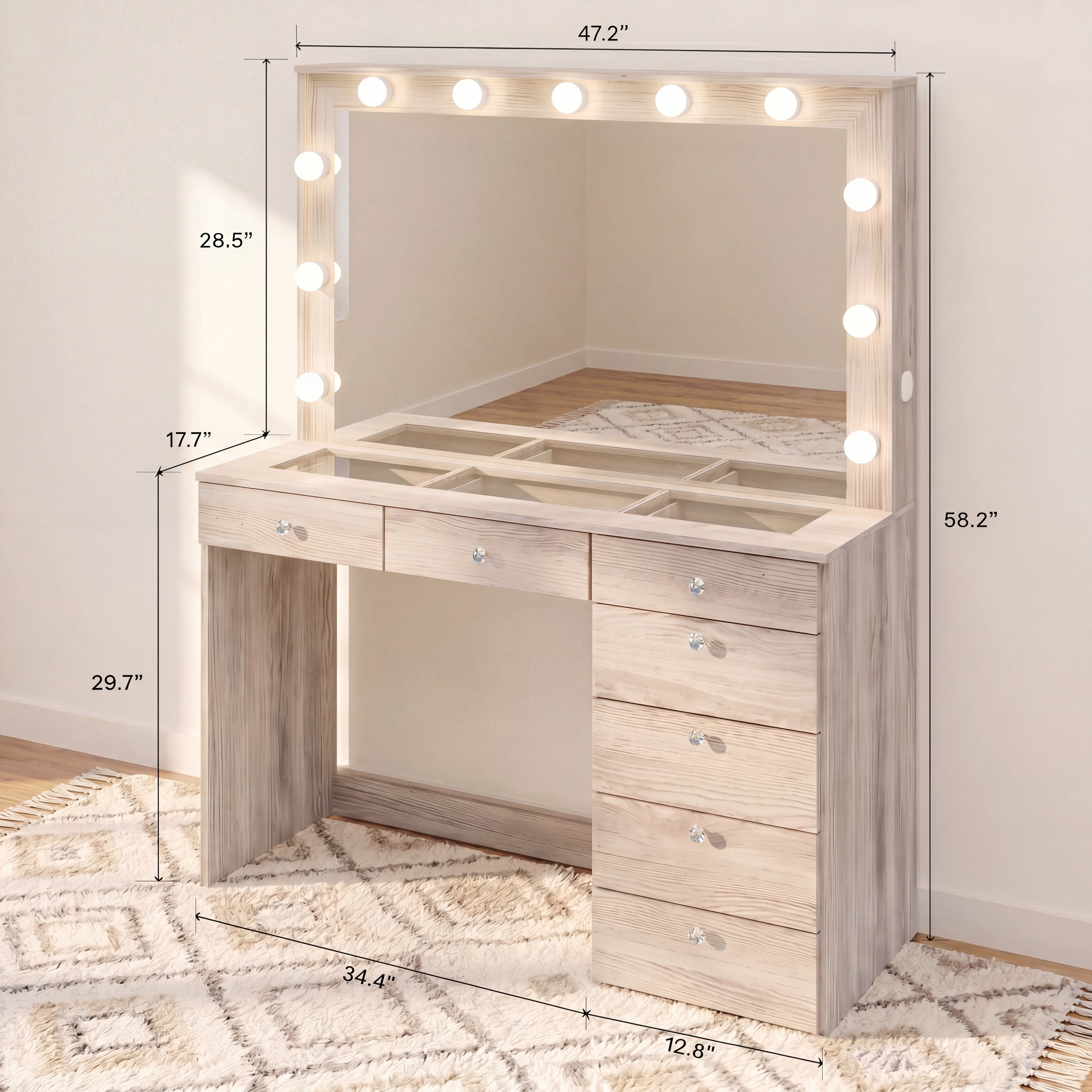 Ember Interiors Modern Greige Makeup Vanity Desk with Lights, USB-C, Glass Top, 7 Drawers