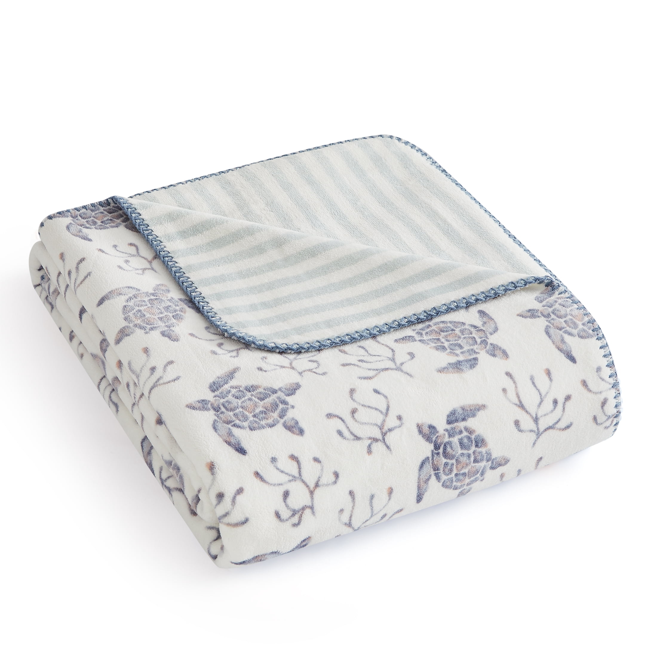 Coastal Living Throw Blanket, Reversible Plush Fleece Blanket for Couch, Blue Turtles Print, 50" x 72"
