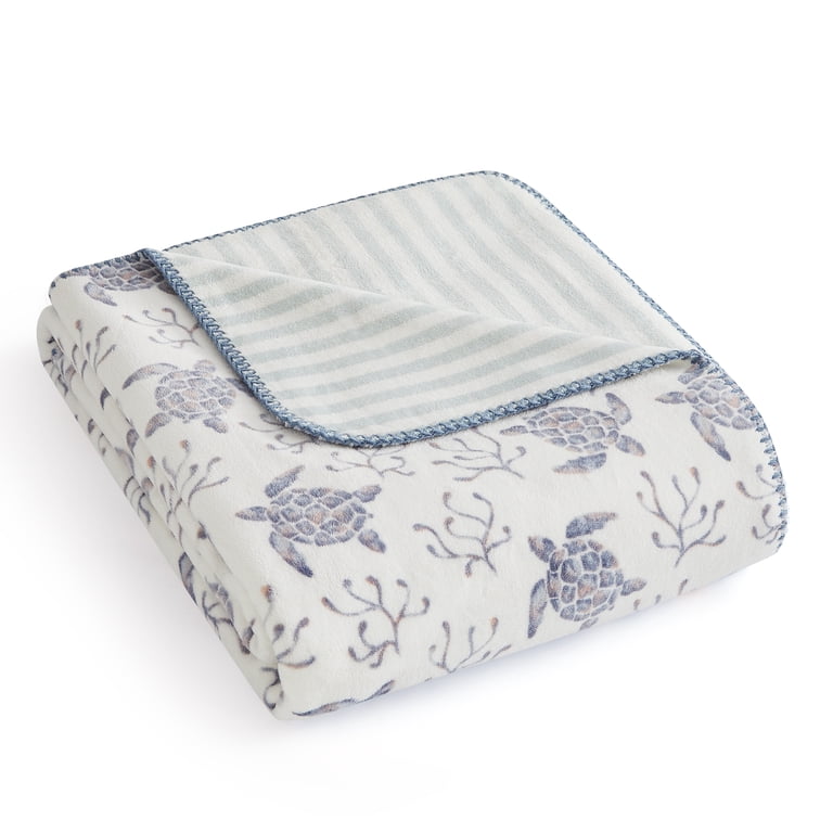 Reversible Plush Fleece Throw Blanket, Blue Coastal Design photo 2