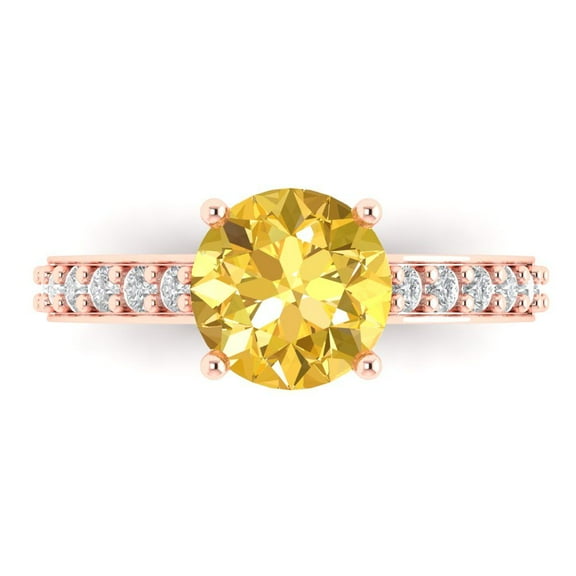 2.3 ct Round Cut Simulated Yellow Diamond Solitaire with Accents Engagement Ring for Women in 14K Rose Gold