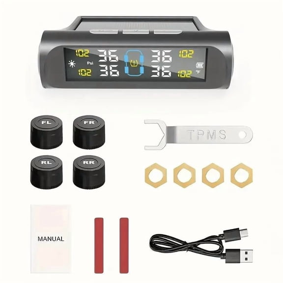 TEETHEORY Solar Wireless Powered TPMS with 4 External Sensors, Real-Time LCD Display with Pressure/Temperature Alerts, Universal