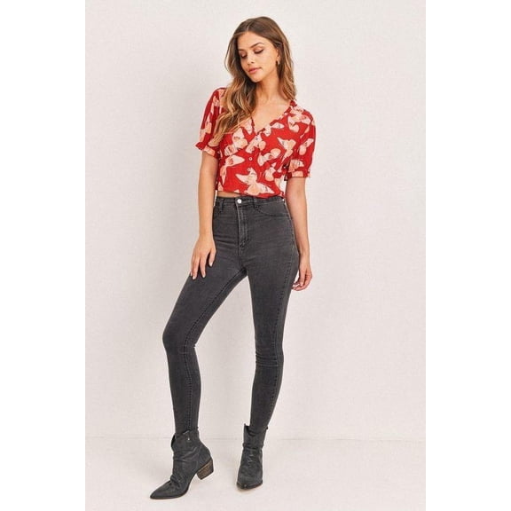 Butterfly Vneck Crop Smocked Back Waist S