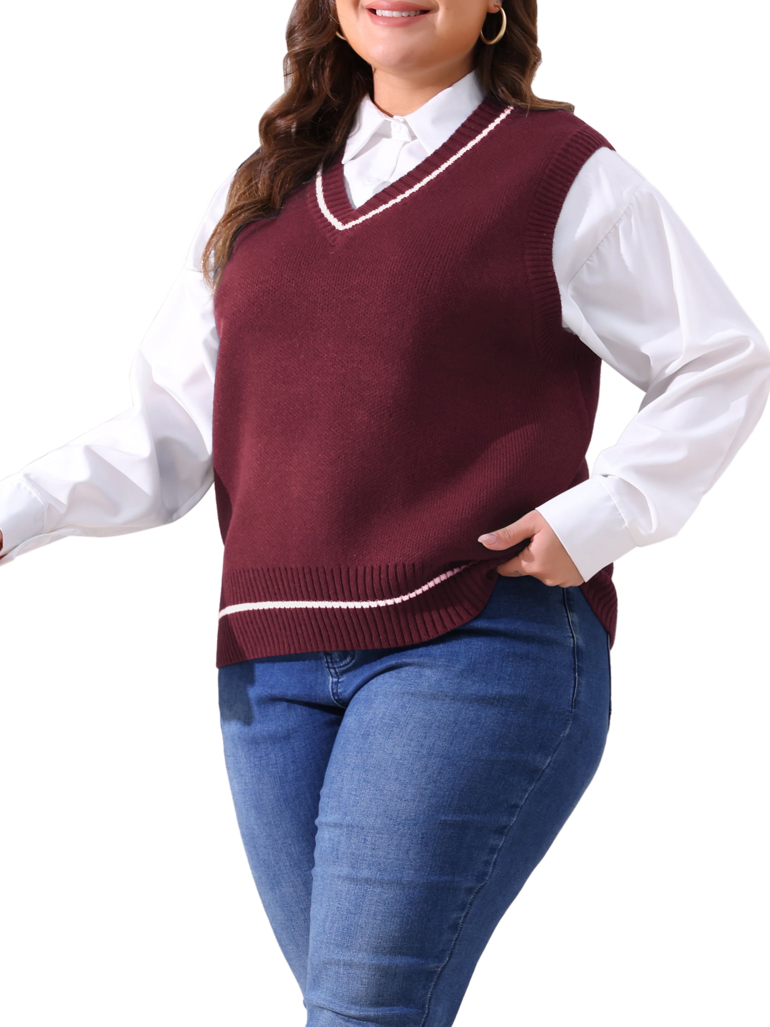 DARING DIVA Women's Plus V Neck Stripe Cable Knit Pullover Sweater Vest 2X Burgundy