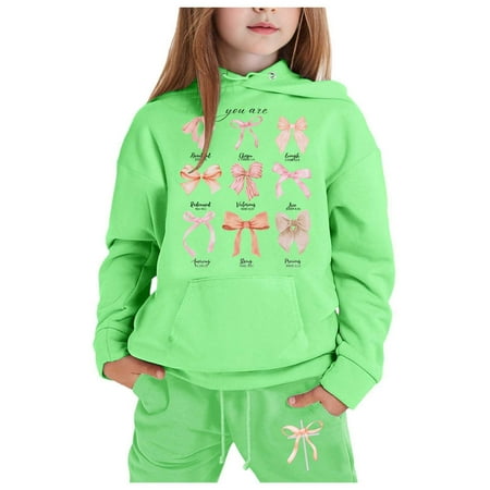 Hiijoy Little Girls Outfit Sets Bow Print Pullover Hoodie Sweatpants Dailywear Sweatsuit