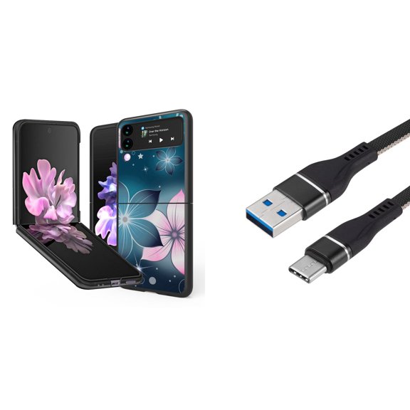 Bemz Premium Bundle for Samsung Galaxy Z Flip 3 5G: Slim Snap-On Protector Case (Midnight Flowers), Nylon Braided USB-C to USB-A Cable (3 Feet)