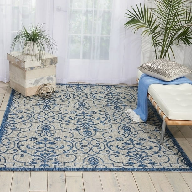 Nourison Garden Party Ivory/Blue Scrolling Leaf Indoor/Outdoor Area Rug