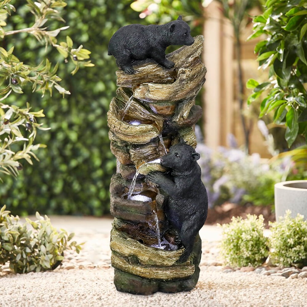 39.3in Tall Outdoor Water Fountain Resin Bear Patio Waterfall Fountain for Garden, Deck, Patio, Porch, Yard and Home Art Decor