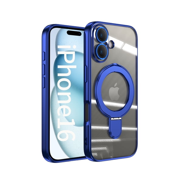 for iPhone 16 Magnetic Clear Case with All-inclusive Camera Lens Film [Compatible with MagSafe] Shockproof Plating Anti-yellowing Transparent Ring Kickstand Slim Phone Case,Darkblue