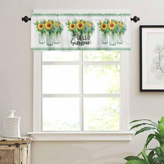 Kitchen Curtains Valances for Small Windows, Summer Floral Green Short Curtain Valance for Living Room, Flower Sunflower Rod Pocket Blinds Window Printed Drapes 1 Panel 54x18 Inch