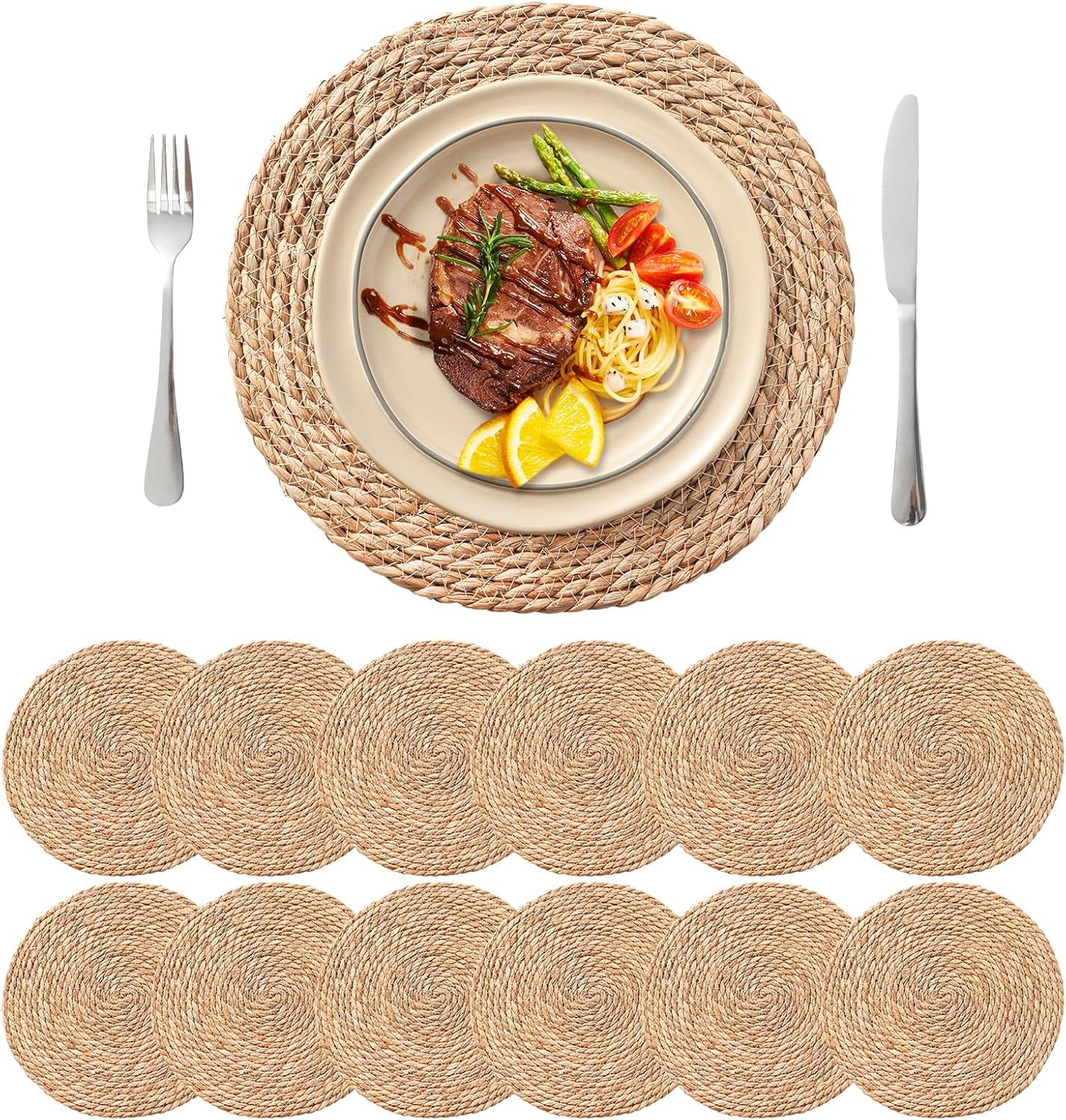 Set Of 8 Round Woven Placemats – 13.4" Boho Farmhouse Heat Resistant Table Mats For Dining
