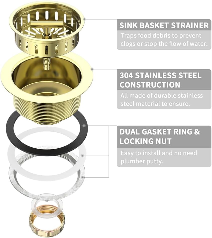 3-1/2 Inch Kitchen Sink Drain Assembly Stainless Steel Gold Kit with Strainer Basket/Rubber Stopper, Rustproof Durable Gold Finish Replacement for Standard Commercial Sink Drains