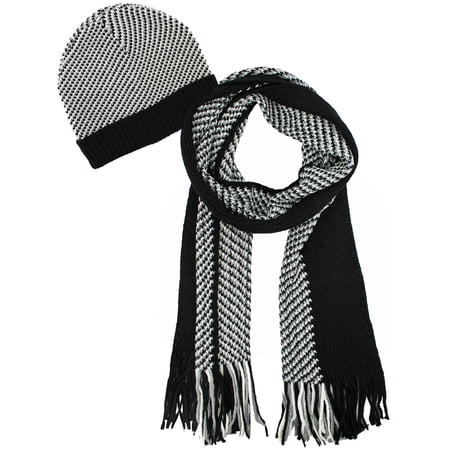 - Mens Black and White Hounds Tooth Winter Knit Hat and Scarf Set