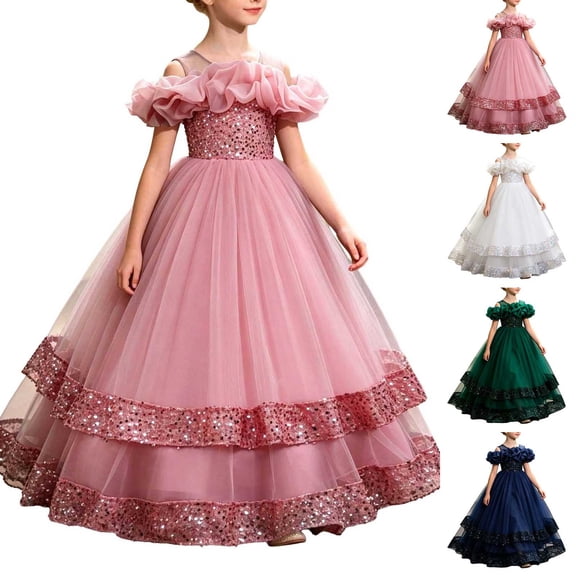 AHTJRT Tulle Dress for Girls Sparkly Princess Long Elegant Ball Gowns Birthday Wedding 3D Flower Print Pageant Gowns Pink 7-8 Years
