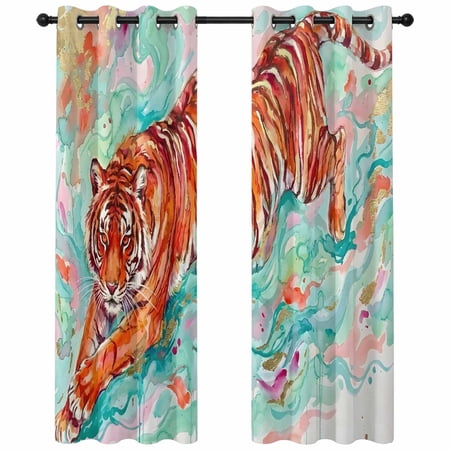 Watercolor Tiger Blackout Curtains 84 Inches Long Animal Splash Animal Fluid Art Thermal Insulated Room Darkening Drapes with Grommets for Living Room 52 W x 84 L 2 Panels