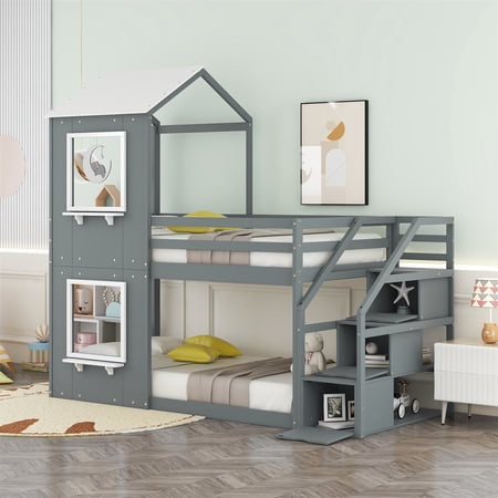 Low Bunk Bed for Kids  Twin Over Twin Floor Bunk Bed with Storage Stairs  Solid Wood Stairway Bunk Bed with Roof and Window  Guardrail and Ladder  No Box Spring Needed Playhouse Design Bed  Gray+White