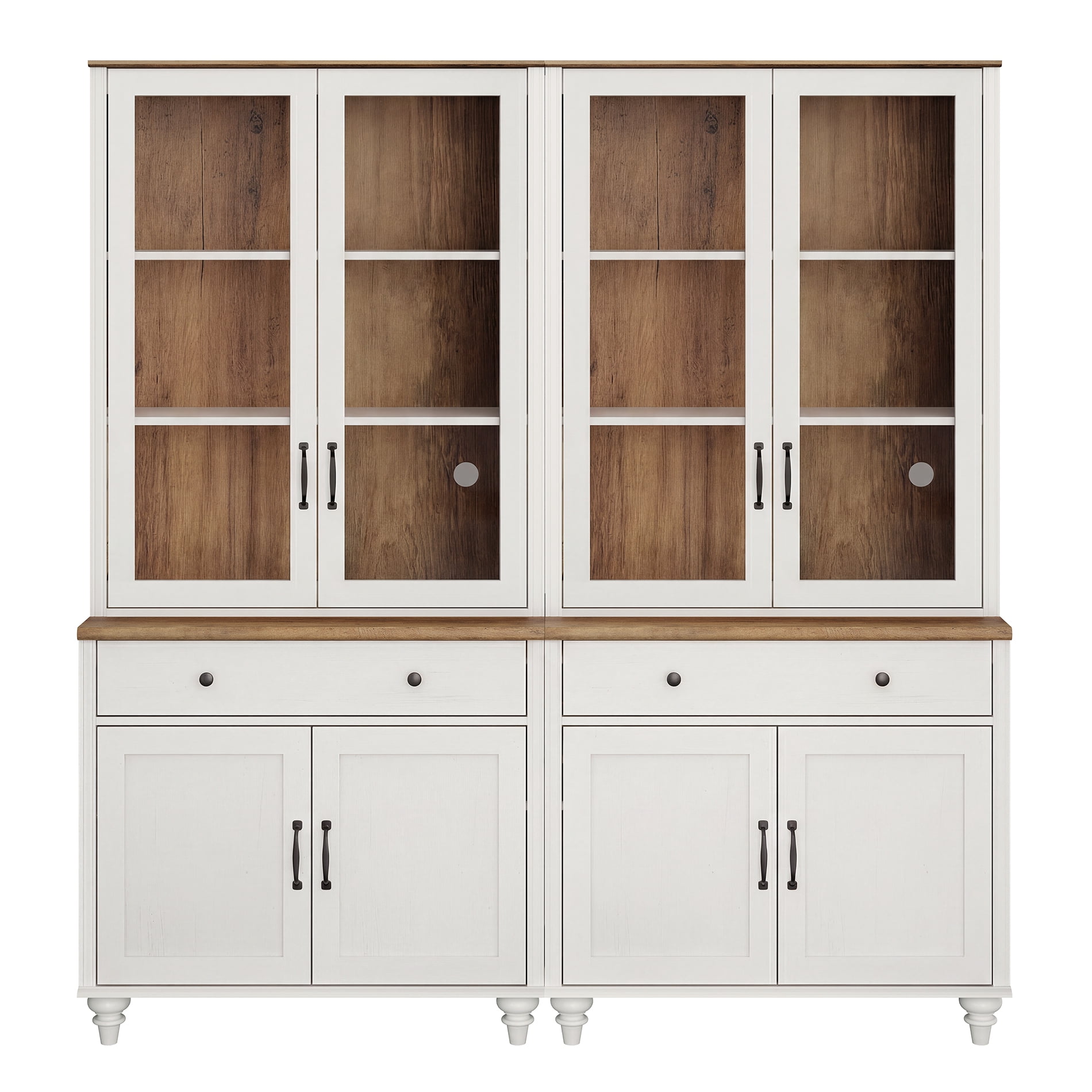 Sideboard Buffet Cabinet with Storage, 5-Tier Bookcase with Glass Doors, Farmhouse Bookshelf with Ample Storage Cabinet, Large Bookshelves for Living Room, Office, Kitchen, White, 72" H