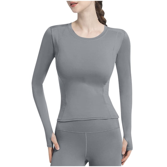ShomPort Hauts de Yoga pour Femmes Séchage Rapide Manches Longues Col Rond Extensible Élastique Blouses avec Trou pour Pouce T-Shirts Athlétiques Doux