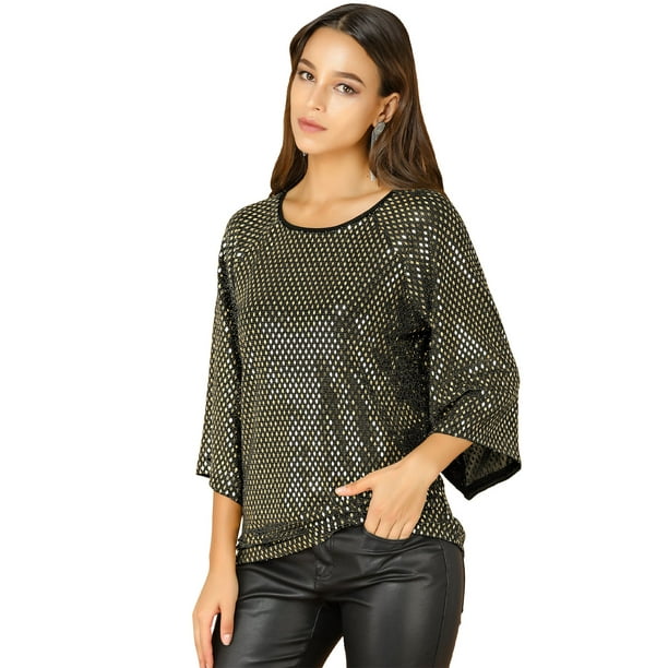 Blusa Lentejuela Cuello Redondo Mangas De Murciélago Casual Suelto Para Mujer Negro L Unique Bargains Blusa