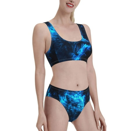 Uemuo Blue Fire Wolf Printed Women s High Waisted Bikini Sets Sporty Two Piece Swimsuits Color Block Cheeky High Cut Bathing Suits-Small
