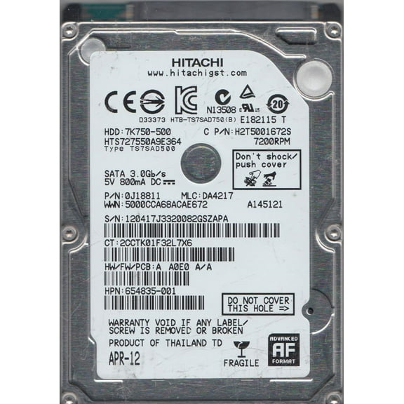 HTS727550A9E364, PN 0J18811, MLC DA4217, Hitachi 500GB SATA 2.5 Hard Drive