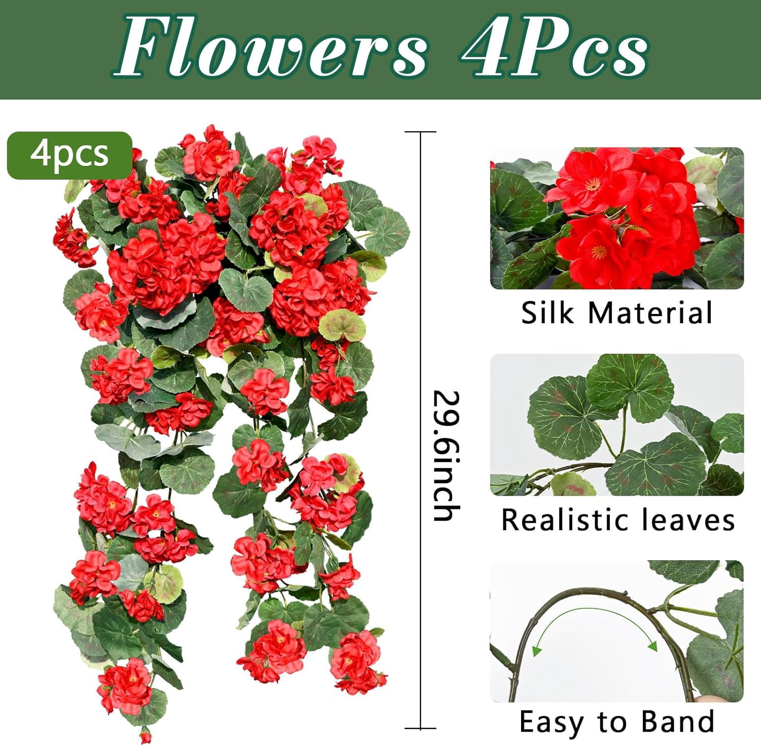 Waipfaru Artificial Hanging Flowers for Outdoors, 4Pcs UV Resistant Faux Silk Geranium Fake Flowers for Garden Porch Window Home Decor(Red)