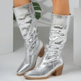 thumbnail image 3 of Rokment Metallic Slouchy Knee High Boots for Women Fashion Casual Leather Pointed Toe Chunky Stackable Heel Mid Calf Dress Tall Boots Fall Winter Silver Size 7, 3 of 7