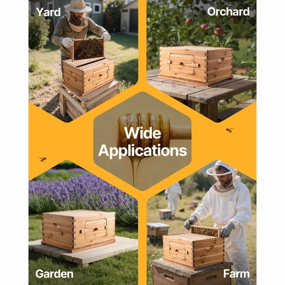 Bee Hive Medium Box Starter Kit, 100% Beeswax Coated Natural Fir Wood, Langstroth Beehive Kit with 10 Frames and Foundations, Transparent Acrylic Bee Windows for Beginners and Pro Beekeepers