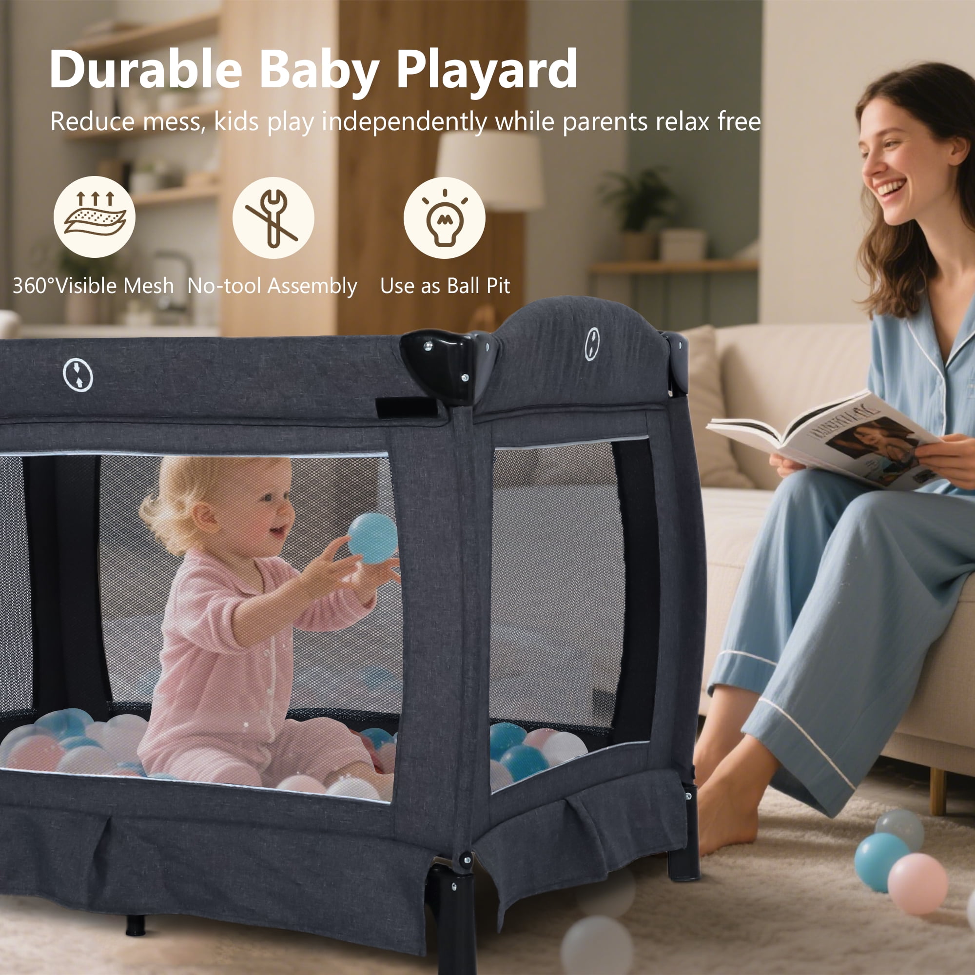 LINLUX Pack  and Play w/ Bassinet & Changing Table, Baby Playard for Toddler, Newborn Crib Baby Bed,Dark Gray