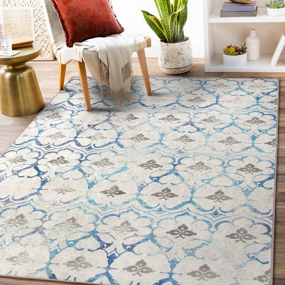 My Magic Carpet 5'x7' Machine Washable Area Rug for Dining Living Room - Leilani Damask Beige Blue