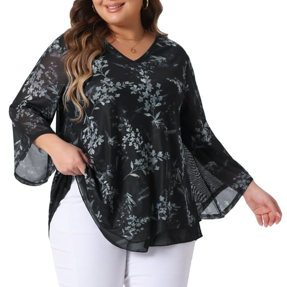DARING DIVA Women's Plus Dressy V Neck Mesh Casual Flowy Blouse 1X Black