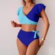 thumbnail image 4 of Conjunto de Trajes de Baño de Color Sólido de las Mujeres, una Pieza Conservadora con Bloqueo de Color, Ruffle Y División Lateral para la Playa Y la Piscina, Desgaste de Verano Modesto, 4 of 9