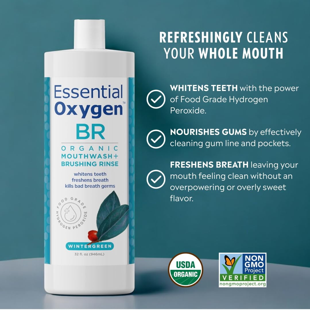 Essential Oxygen BR Organic Mouthwash, Flouride-Free,  Wintergreen, 32 oz, 3 Pack