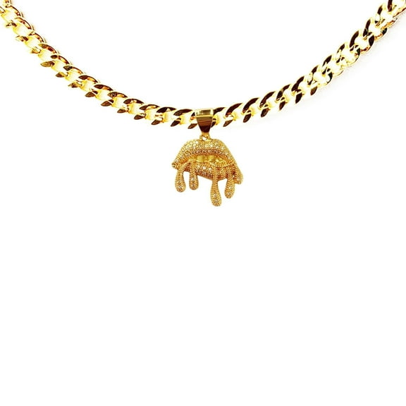 14k Bonded Gold Cuban Chain with Lip Drip Pendant, Best Unisex Christmas Gift for Women, Men, Mother, Father, Girlfriend, Boyfriend, Her, Him, 14k Necklace with Charm, Best jewelry Gifts