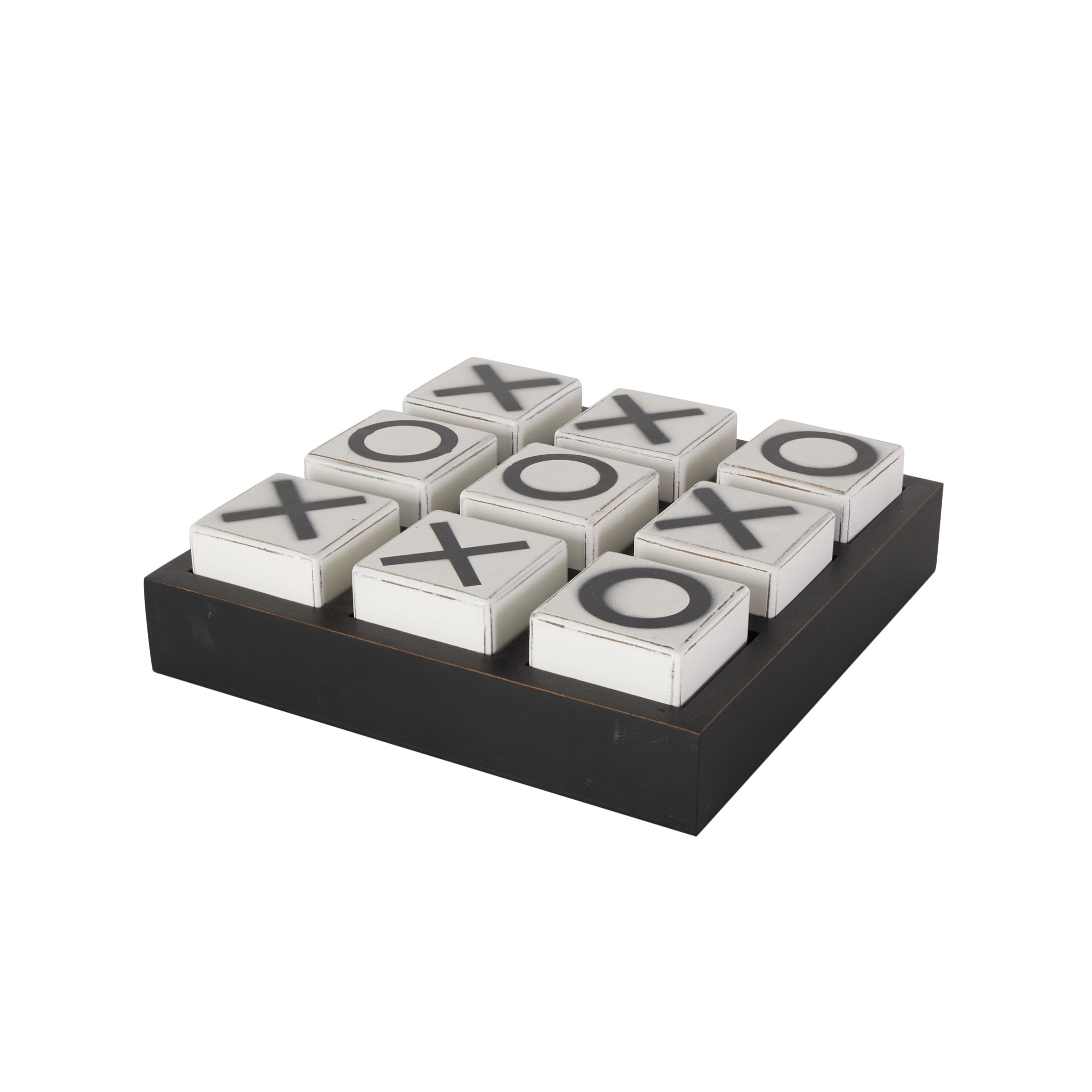 DecMode 14" x 4" Black Wooden Tic Tac Toe Game Set with White Block Pieces, 1-Piece