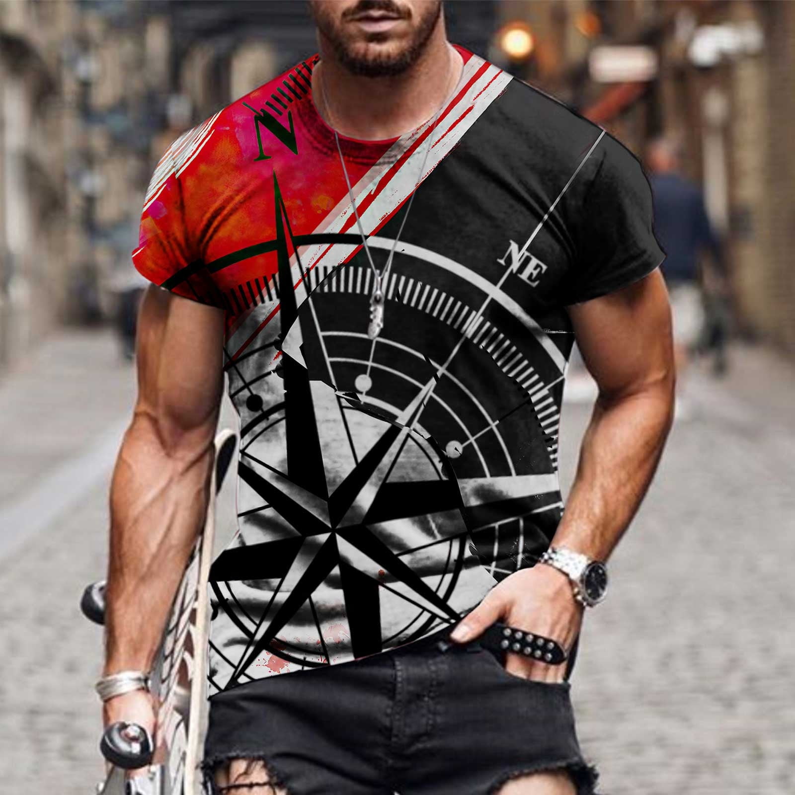 Frostluinai Savings Clearance 2023! Mens Gym Workout Slim Fit Short Sleeve  T-Shirt Athletic Shirts Running Fitness Tee 3D Digital Printed Pattern Tees  