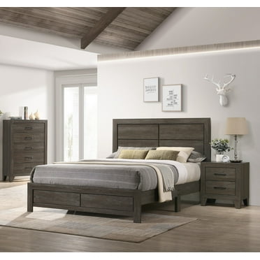 Contemporary 3pc Full Size Platform Bedroom Set Brown Finish Bed Chest Nightstand Wooden Furniture
