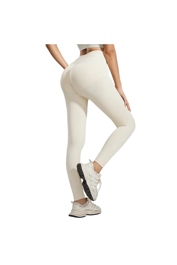 Women's Ribbed High Waist Yoga Leggings, Lifting Tummy Control Workout Pants, Seamless Squat Proof Fitness Running Athletic Leggings Beige S