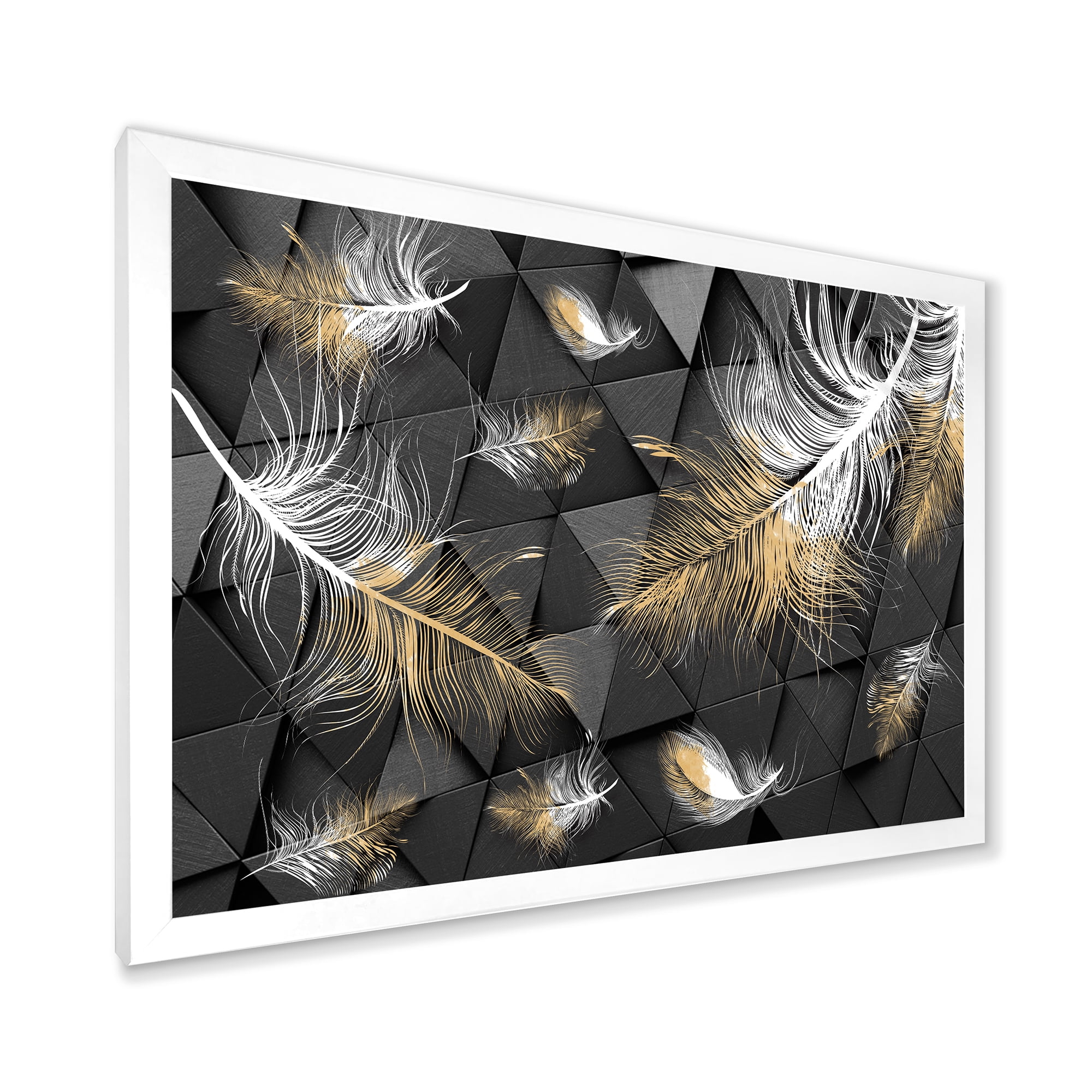 Designart 'Gold and White Feathers On Triangular' Modern Framed Art Print