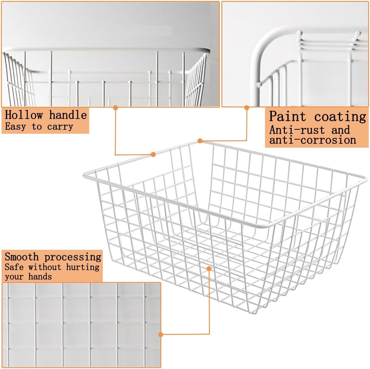 2 Pack Freezer White Wire Baskets for Organizing Office Wire Storage Basket with Built-in Handles, 14" Large White Metal Baskets for Pantry Freezer Kitchen Cabinets