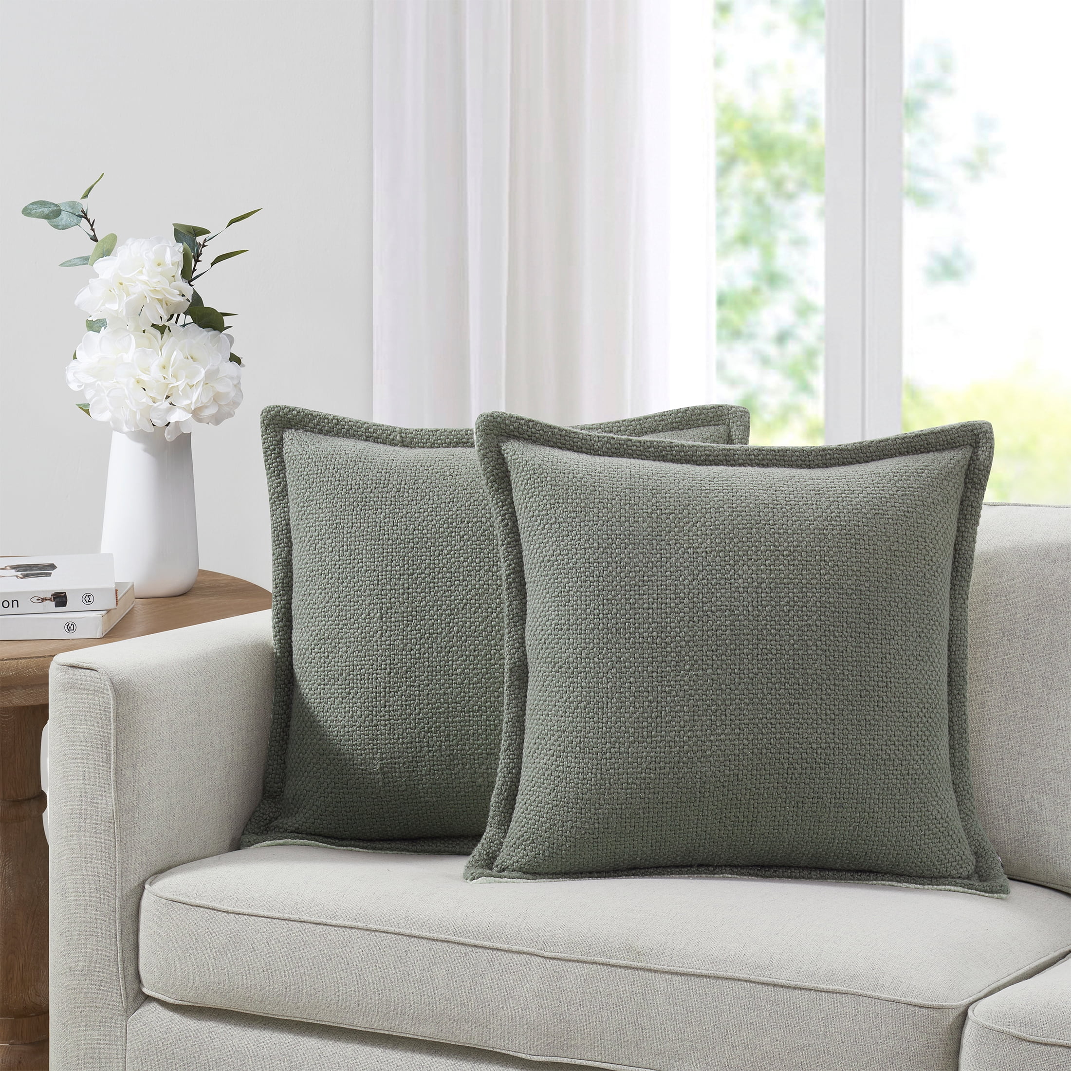 My Texas House 20" x 20" Allie Reversible Solid Sage Green Cotton Decorative Pillow Covers (2 Count)