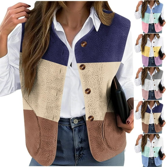 HBGVBA Winter Coats for Women, Women's Oversized Jackets Casual Warm Furry Vest Winter Everyday Print Loose Collarless Buttoned Coat Warm Winter Clothing