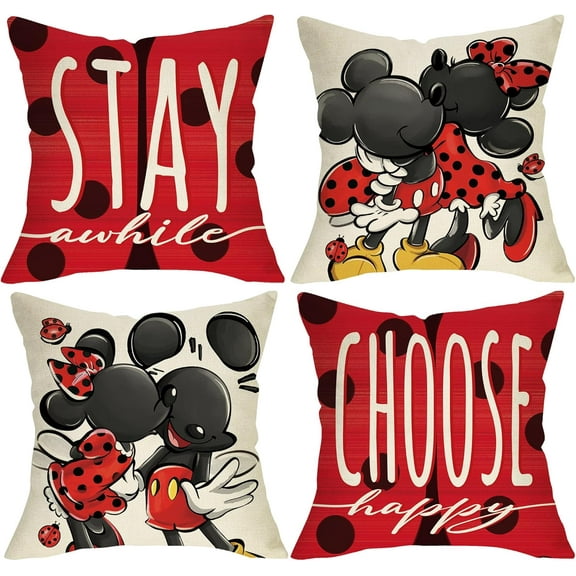 Spring Summer Cartoon Mouse Decorative Throw Pillow Covers 18 x 18 Set of 4, Stay Awhile Ladybug Polka Dot Red Porch Outdoor Home Decor, Choose Happy Seasonal Couch Cushion Case