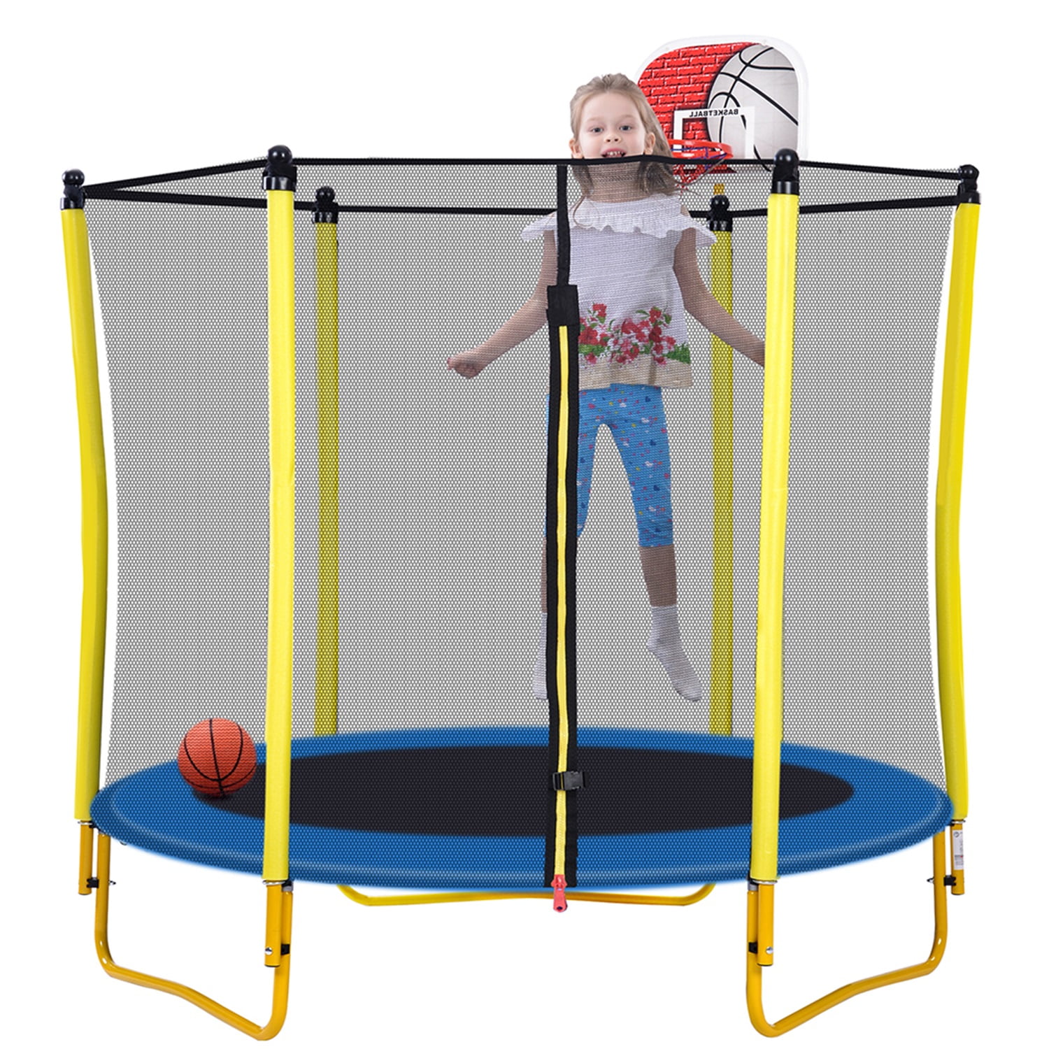 Private Jungle 5.5FT Trampoline for Kids with Basketball Hoop, Ball and Safety Enclosure Net for Indoor Outdoor Birthday Gifts - Yellow