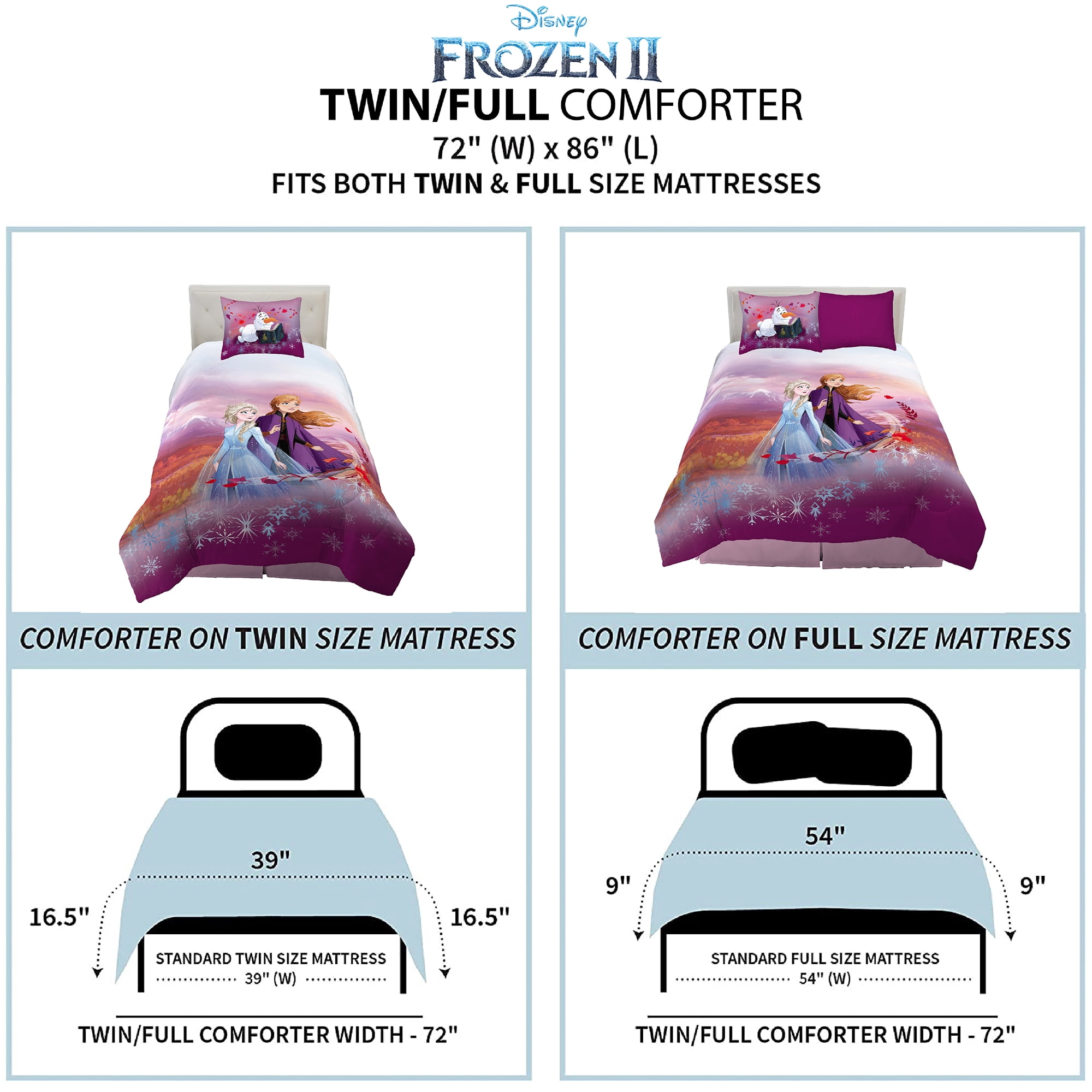 Disney Frozen 2 Kids Comforter and Sham, 2-Piece Set, Twin/Full, Reversible, Pink, Purple